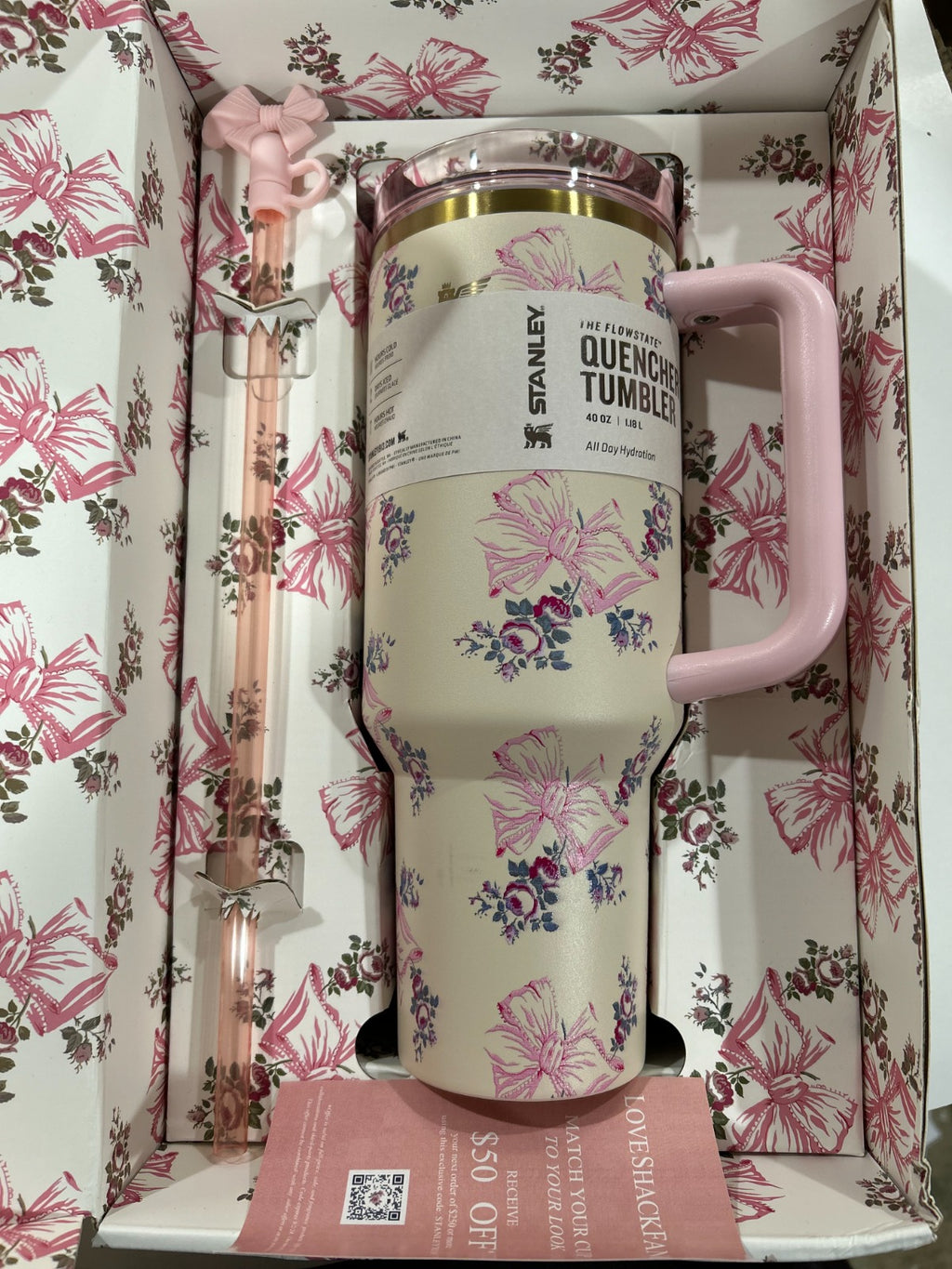 Stanley x LoveShackFancy Ribbon Rosa Quencher 40 oz Tumbler