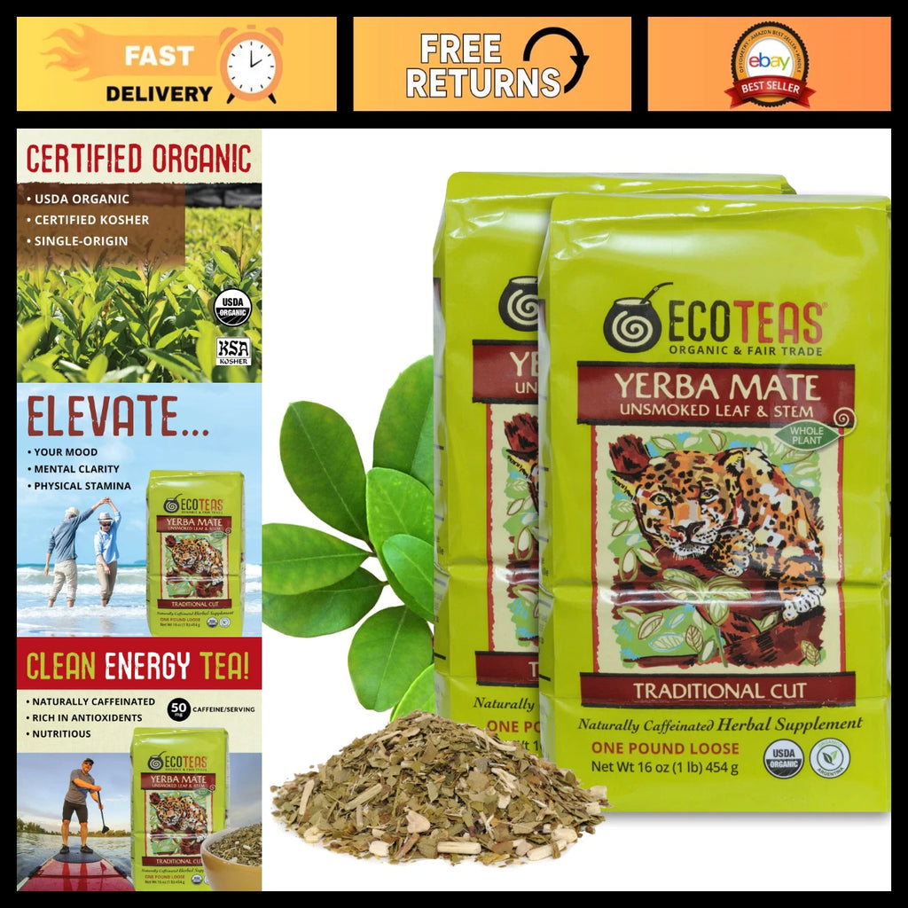 ECOTEAS Organic Yerba Mate Unsmoked Green Energy Loose Tea – 1 lb (16 oz / 454 g)